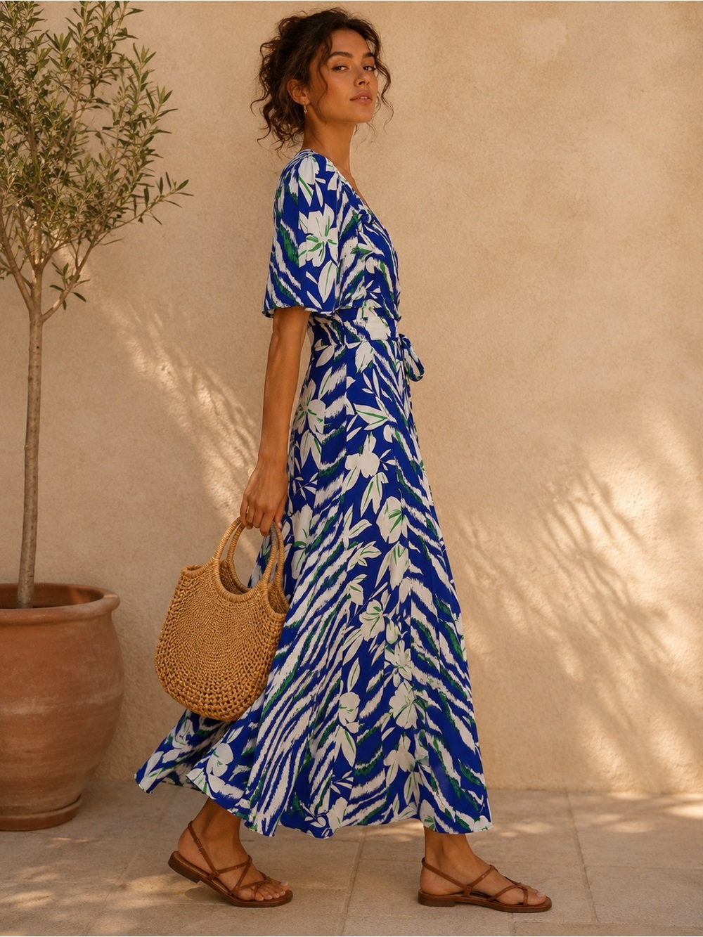 French Connection Cobalt Blue Floral Tropical Wrap Maxi Dress cape sleeves XS - Picture 14 of 14